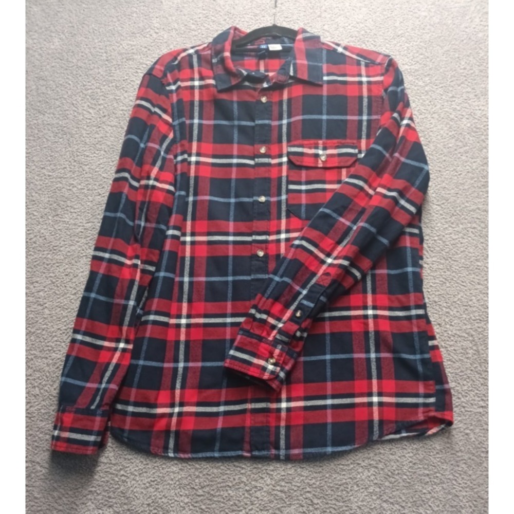 H&M Divided Men's Plaid Flannel Shirt M Red Navy 100% Cotton Long Sleeve